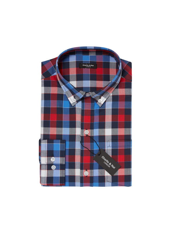 Luxury Checked Long Sleeve Shirt, Generous Fit, Red and Cobalt Mix