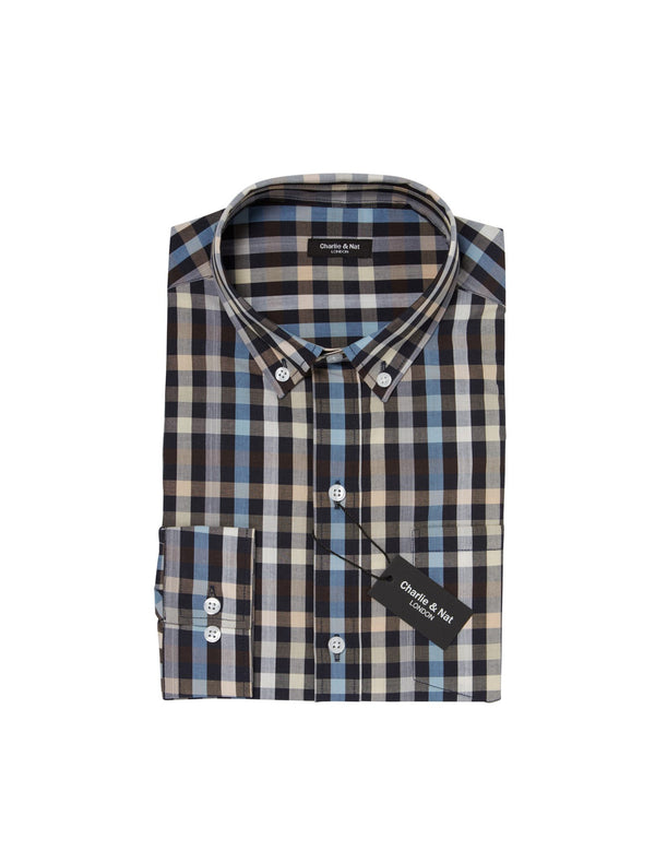 Luxury Checked Long Sleeve Shirt, Generous Fit, Blue and Neutral Mix