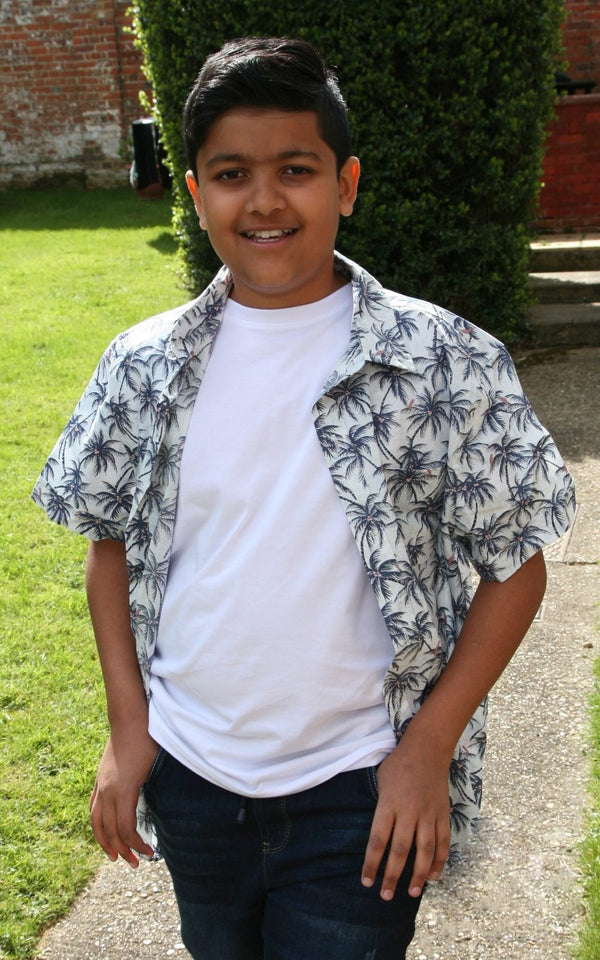 Palm Print Short Sleeve Shirt, Sturdy Fit, Navy Blue Mix