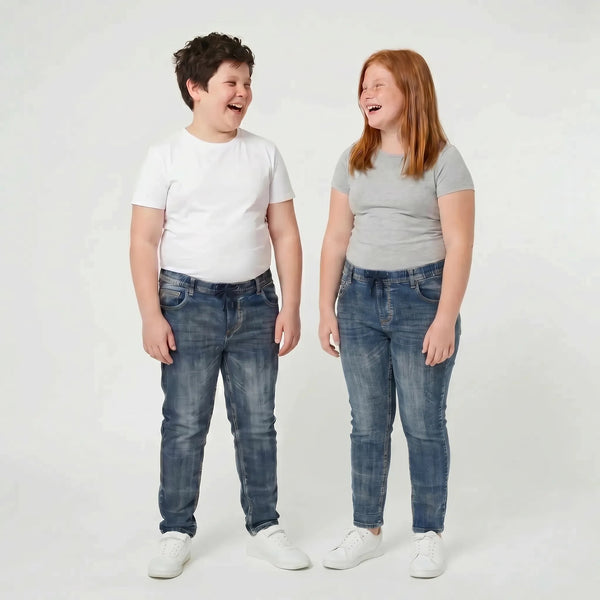 Pull On Stretch Jeans with Drawstring Waist, Plus Fit, Mid Blue