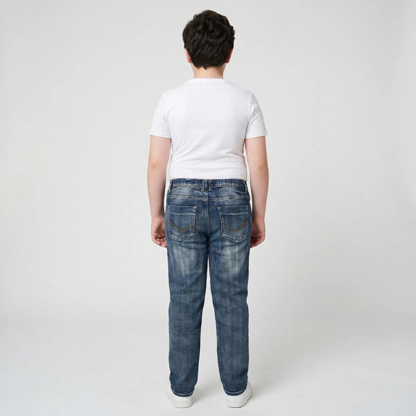 Pull On Stretch Jeans with Drawstring Waist, Plus Fit, Mid Blue