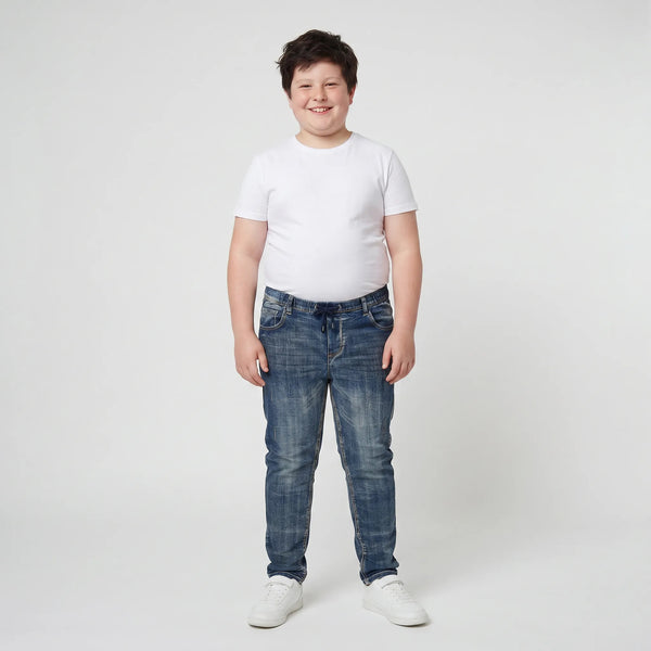 Pull On Stretch Jeans with Drawstring Waist, Plus Fit, Mid Blue