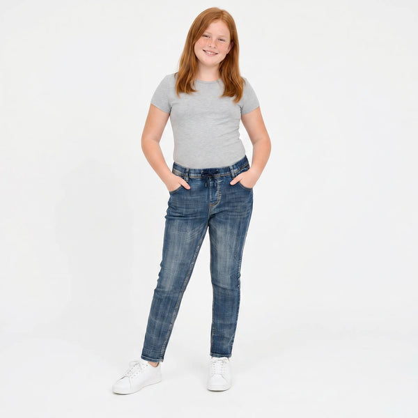 Pull On Stretch Jeans with Drawstring Waist, Plus Fit, Mid Blue