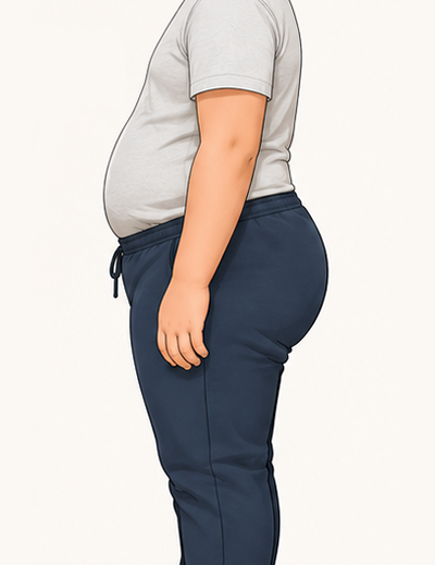 Tummy and bottom, wider through hips and seat