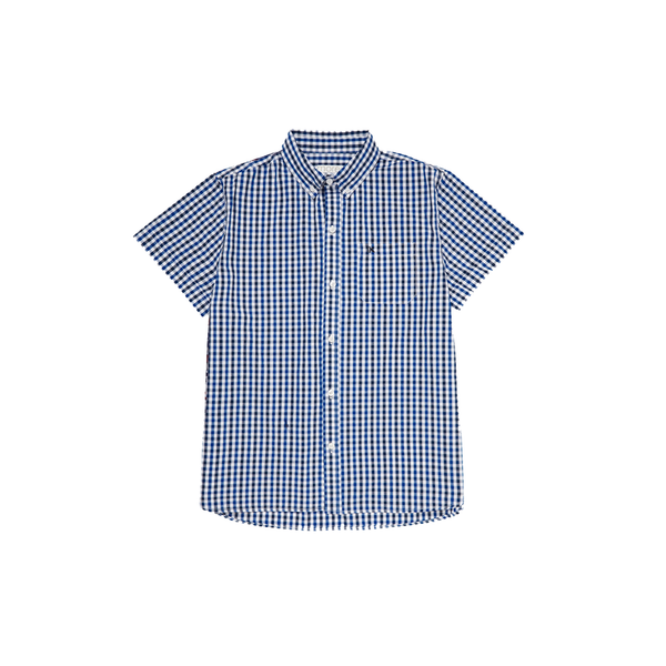 Checked Short Sleeve Shirt, Sturdy Fit, Blue and Black Mix