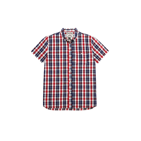 Checked Short Sleeve Shirt, Sturdy Fit, Red Mix